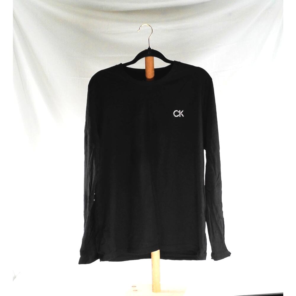 Calvin Klein Black Long Sleeve Logo Tee Shirt Silver Sleeve Graphic Size Large